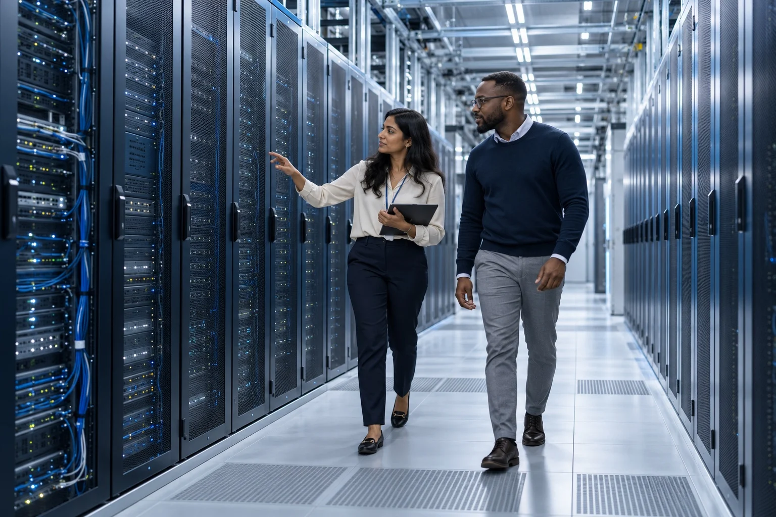 Engineers inspecting equipment in a modern data center